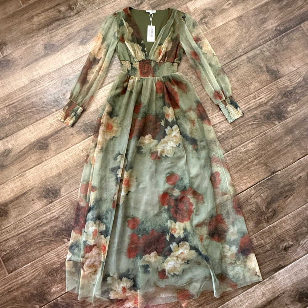 Baltic Born Layla Tulle Maxi Dress Women M Olive Rust NWT Floral Smocked V-Neck - Picture 11 of 15